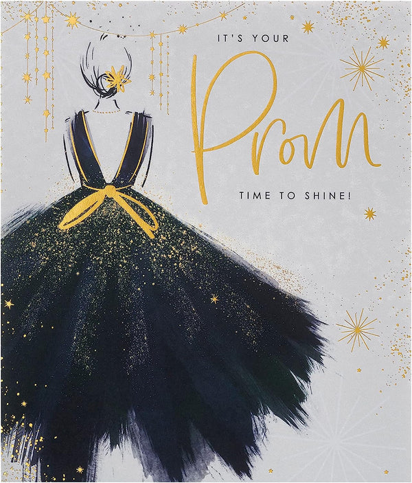 Elegant greeting card from UK Greetings featuring a stunning dress design, perfect for celebrating her special prom night.