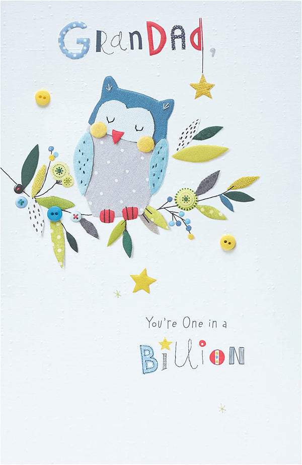 Embossed owl design Father's Day greeting card for Grandad from UK Greetings, featuring detailed owl artwork on the front.