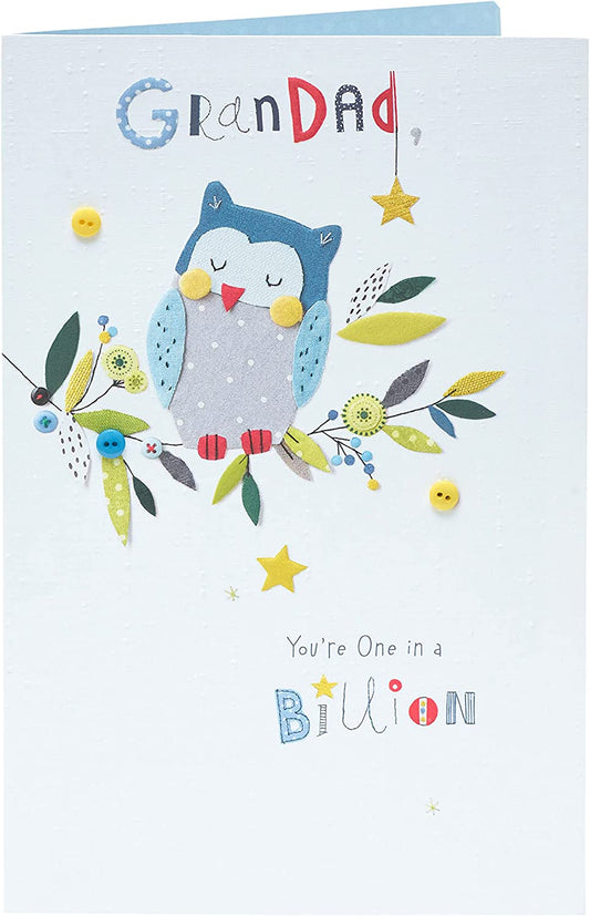 Embossed owl design Father's Day greeting card for grandad by UK Greetings, featuring detailed owl illustration on front.