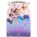 Colorful Encanto Sisters pop-up birthday greeting card from UK Greetings featuring vibrant anime-style characters and festive design.