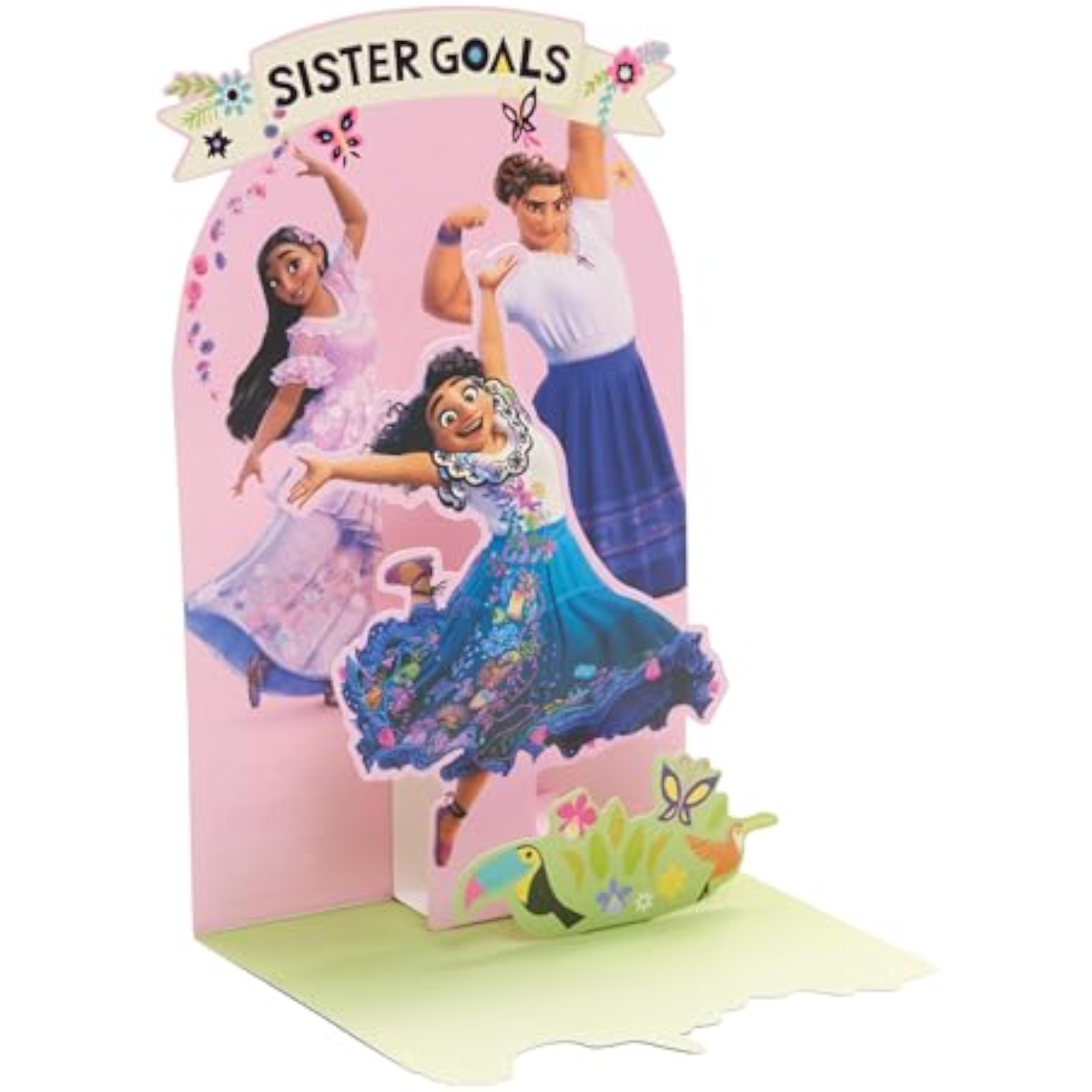 Colorful Encanto Sisters pop-up birthday greeting card by UK Greetings with vibrant characters and festive design.