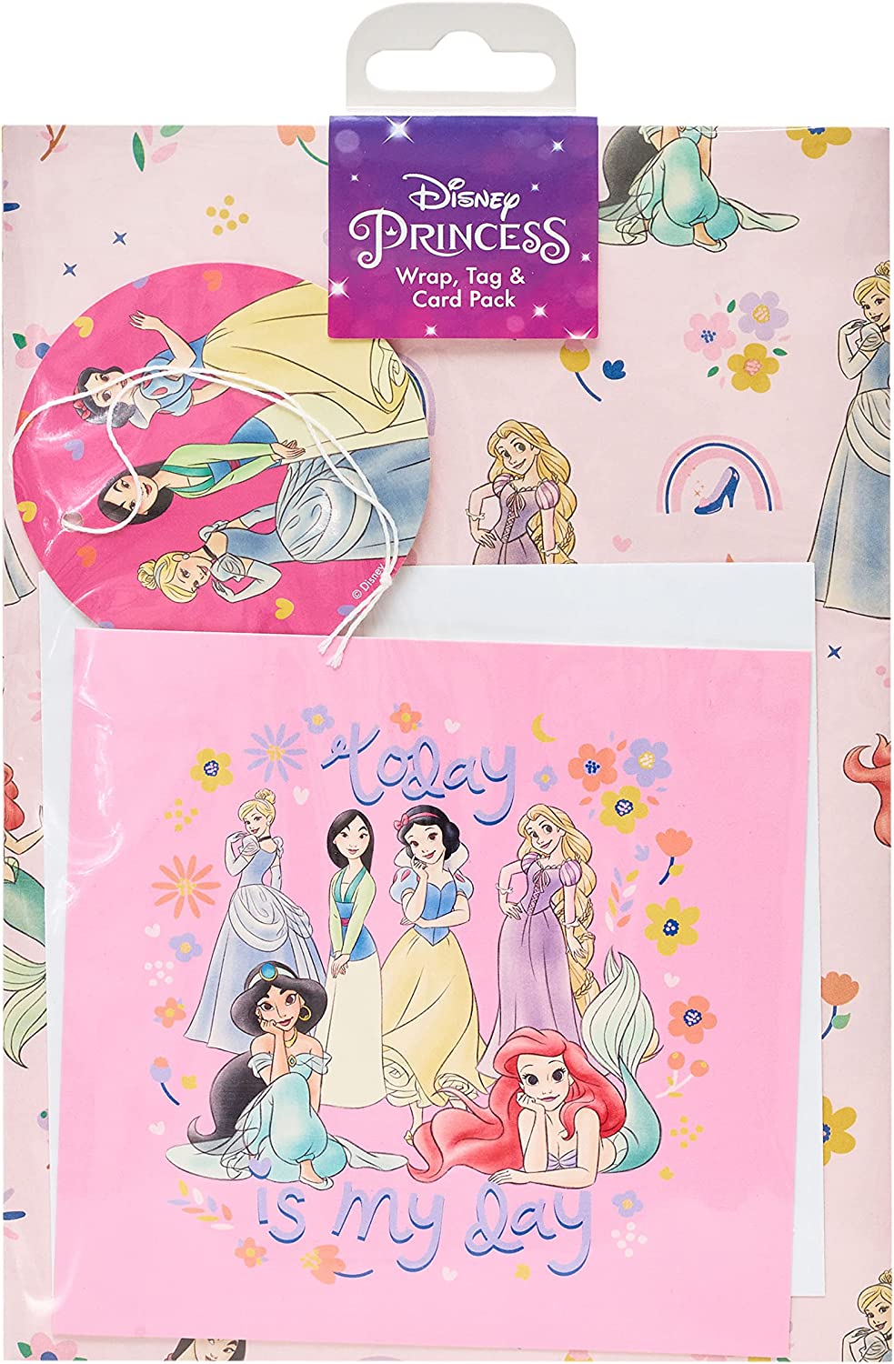 Disney Princess greeting card from UK Greetings featuring colorful wrap and tag set with princess illustrations and decorative designs.