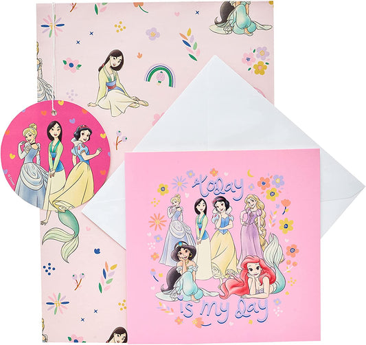 Disney Princess greeting card with wrap and tag set, featuring colorful princess illustrations and decorative designs.