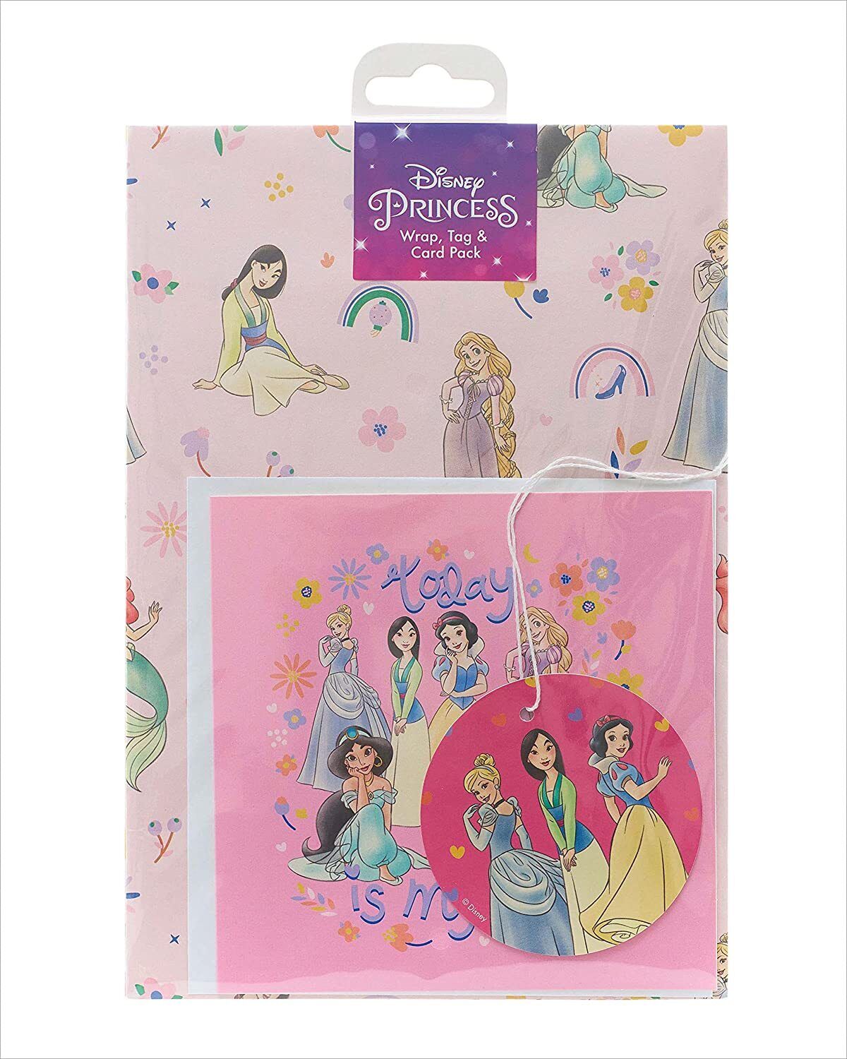 Colorful Disney Princess greeting card wrap and tag set featuring beloved princesses, perfect for special occasions.