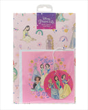 Colorful Disney Princess greeting card wrap and tag set featuring beloved princesses, perfect for special occasions.