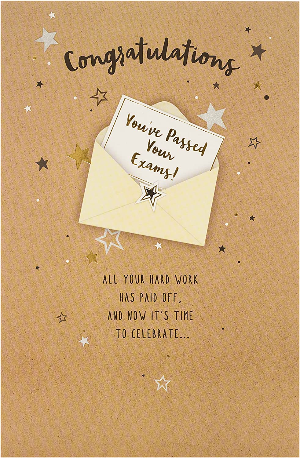 Gold foil congratulation greeting card from UK Greetings with "Exam Success" message for celebrating academic achievement.