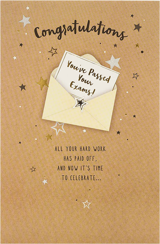 Gold foil congratulation greeting card from UK Greetings with "Exam Success" message for celebrating academic achievement.