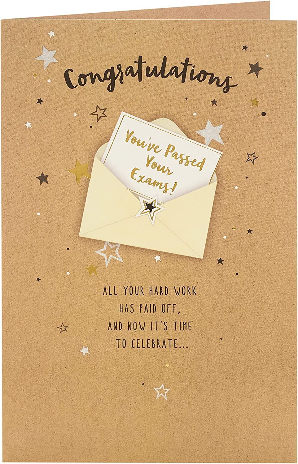 Gold foil greeting card from UK Greetings with "Congratulations" message, designed for celebrating exam success.