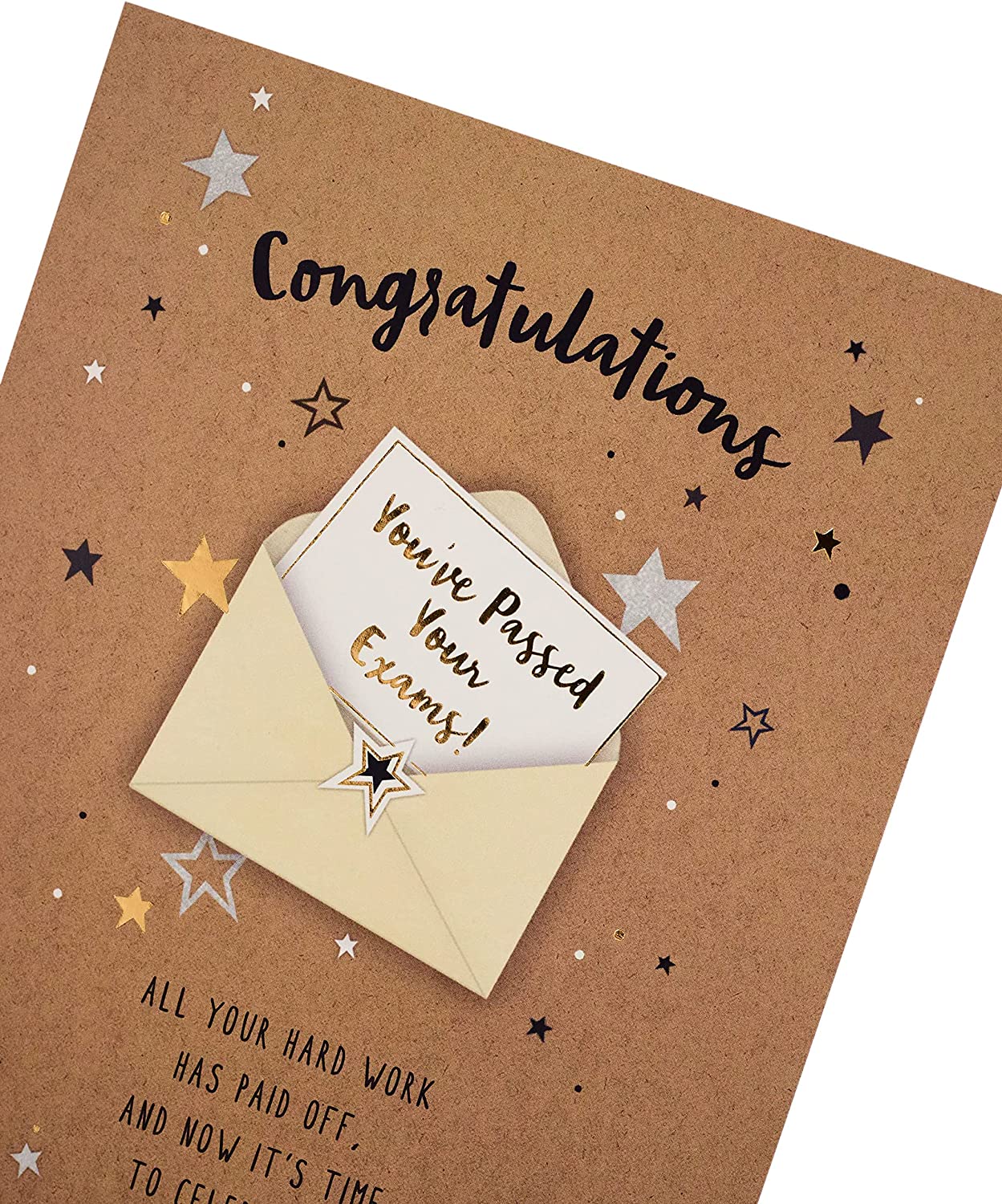Gold foil congratulations greeting card from UK Greetings featuring a celebratory design for exam success.