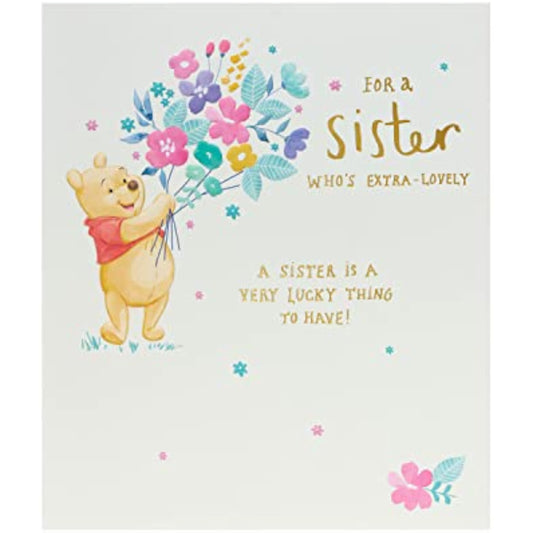 Disney Winnie the Pooh birthday greeting card featuring flowers and a sweet sister message, by UK Greetings.