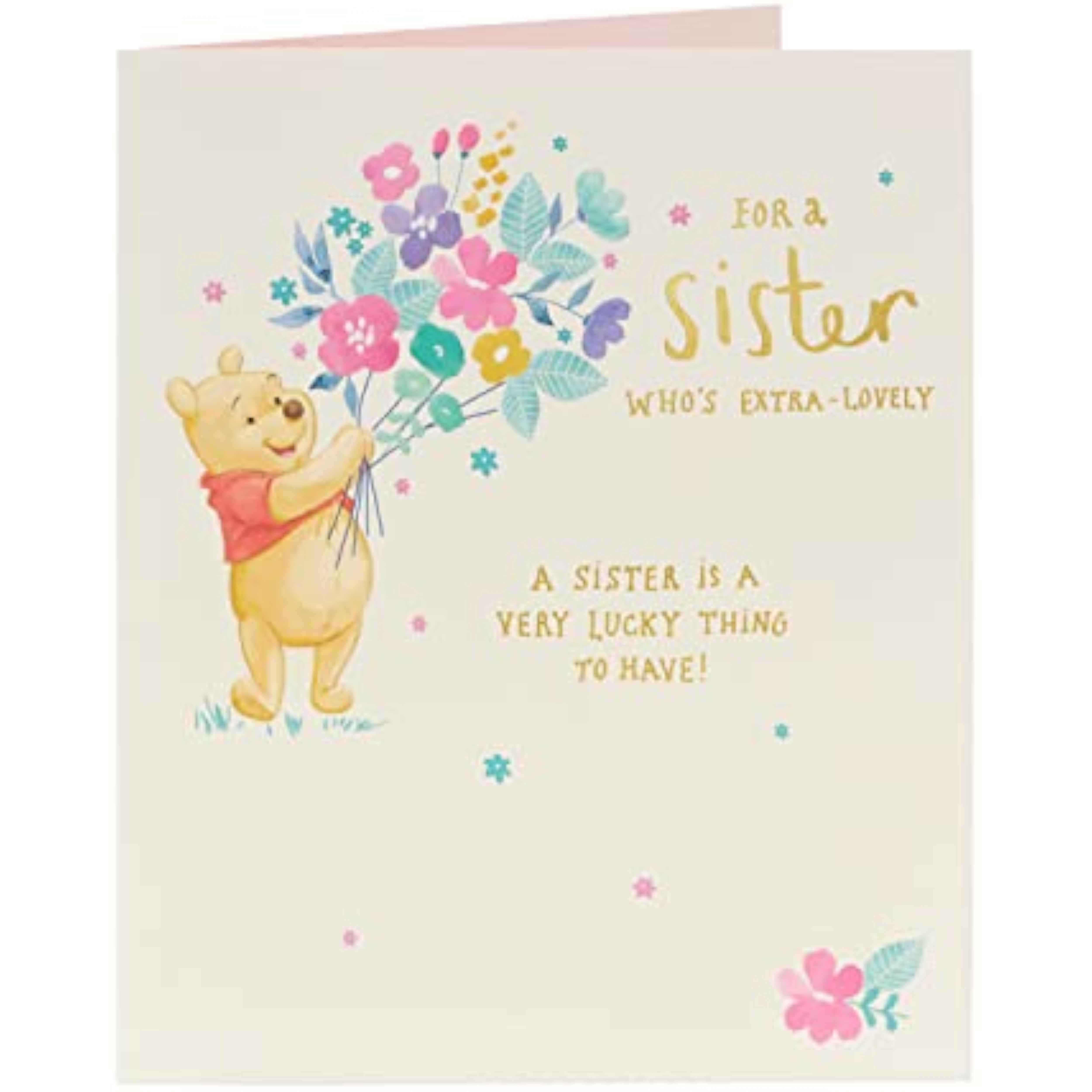 Disney Winnie the Pooh birthday greeting card featuring flowers and "Extra Lovely Sister" message from UK Greetings.