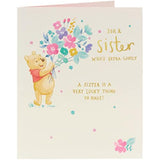 Disney Winnie the Pooh birthday greeting card featuring flowers and "Extra Lovely Sister" message from UK Greetings.