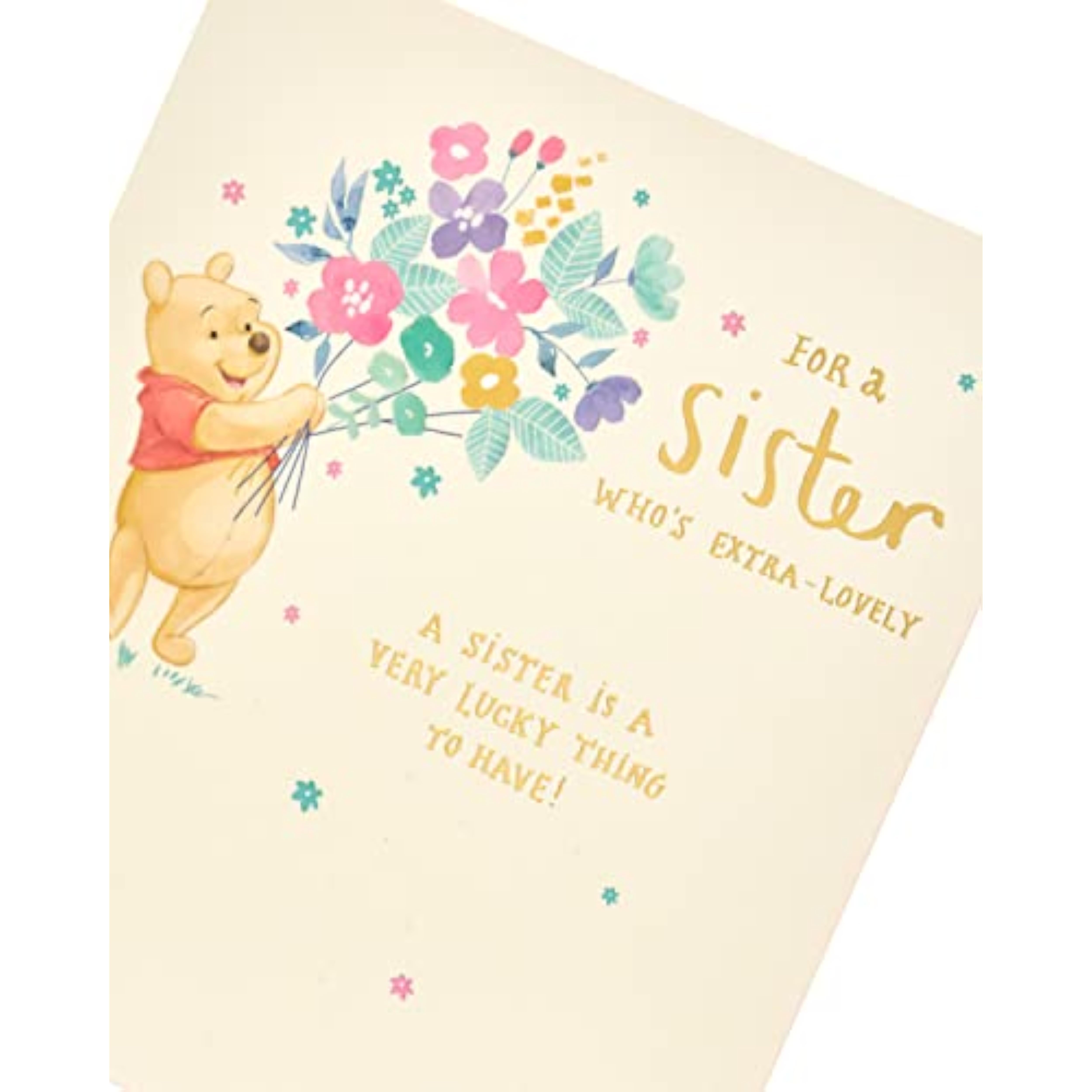 Disney Winnie the Pooh birthday greeting card featuring flowers, from UK Greetings, with a charming illustration of Pooh and a sister.