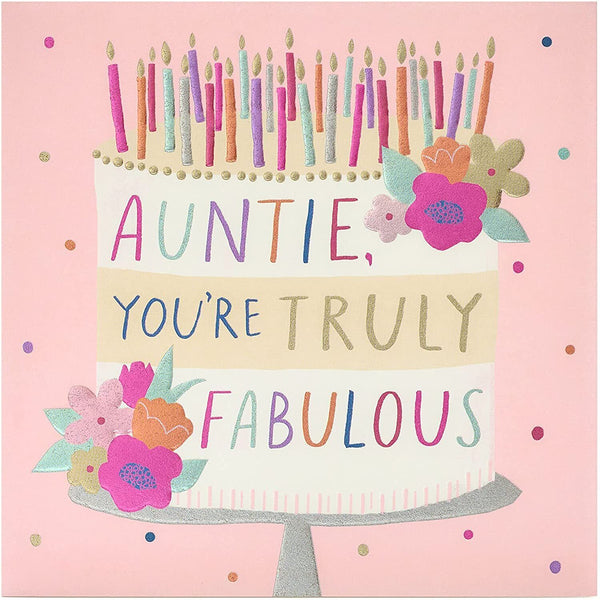 Fabulous Auntie birthday greeting card by UK Greetings featuring colorful floral design and cheerful message inside.