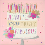 Fabulous Auntie birthday greeting card by UK Greetings featuring colorful floral design and cheerful message inside.