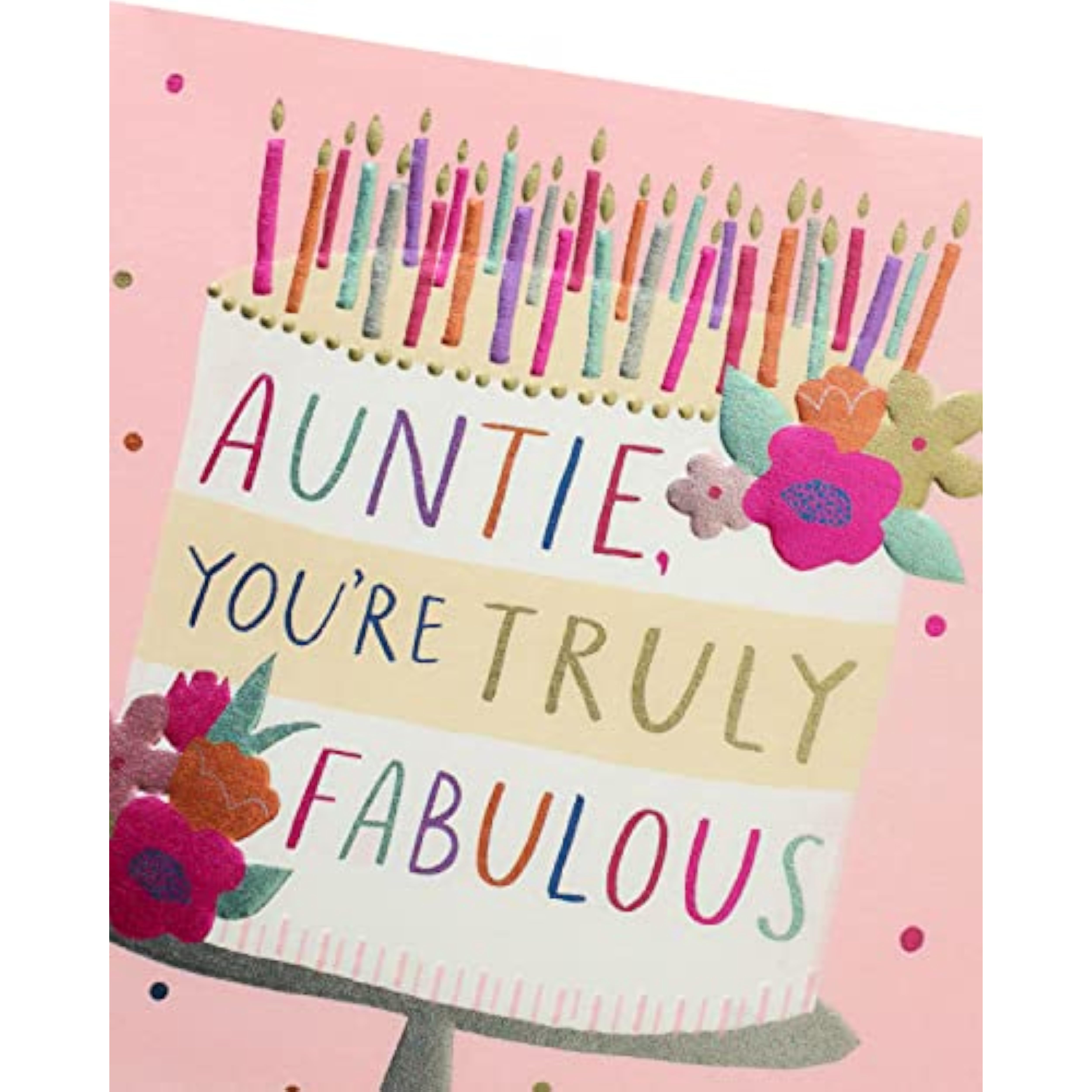 Fabulous Auntie birthday greeting card from UK Greetings with colorful floral design and cheerful message inside