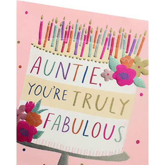 Fabulous Auntie birthday greeting card from UK Greetings with colorful floral design and cheerful message inside