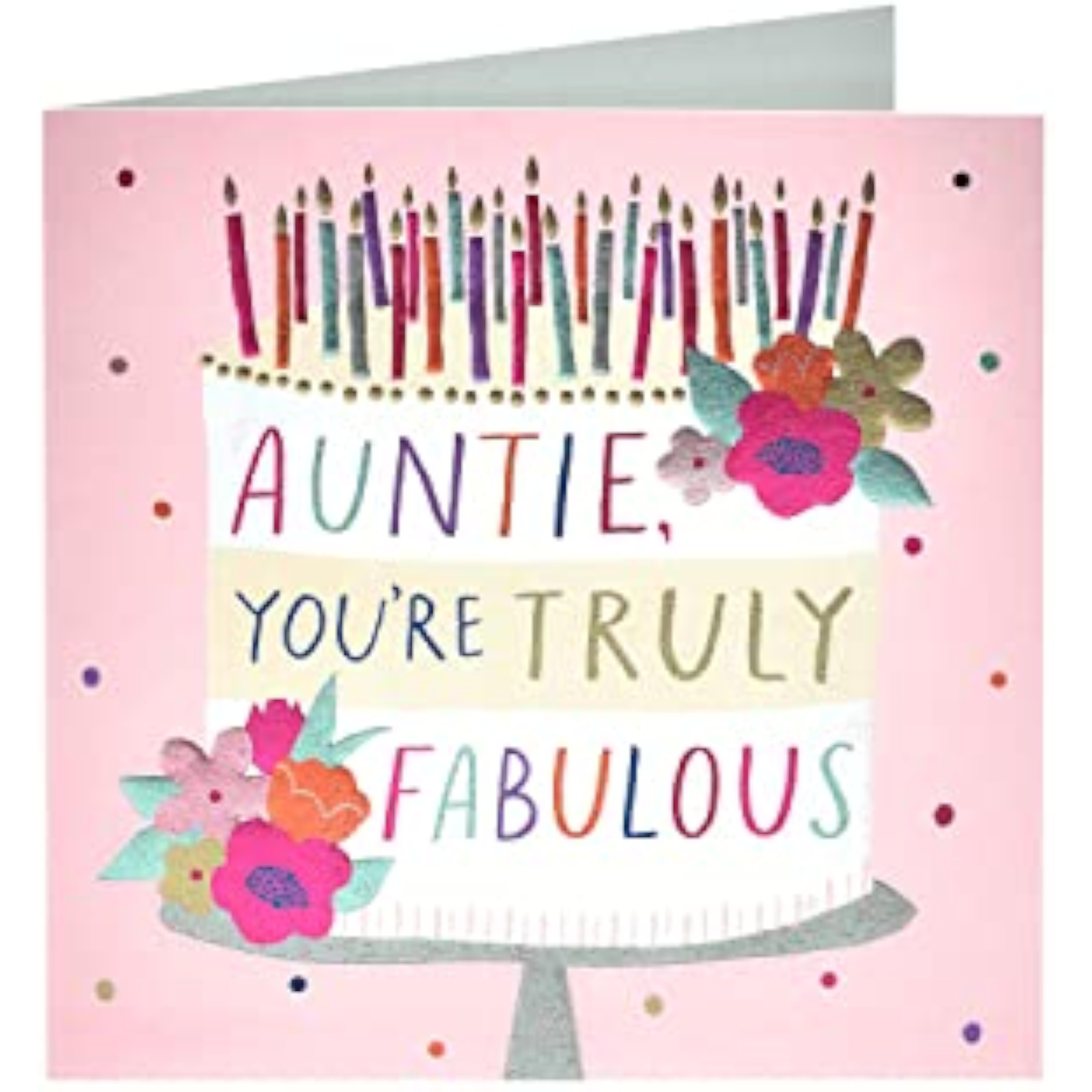 Fabulous Auntie birthday greeting card by UK Greetings featuring colorful floral design and cheerful message inside.