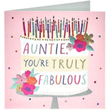 Fabulous Auntie birthday greeting card by UK Greetings featuring colorful floral design and cheerful message inside.