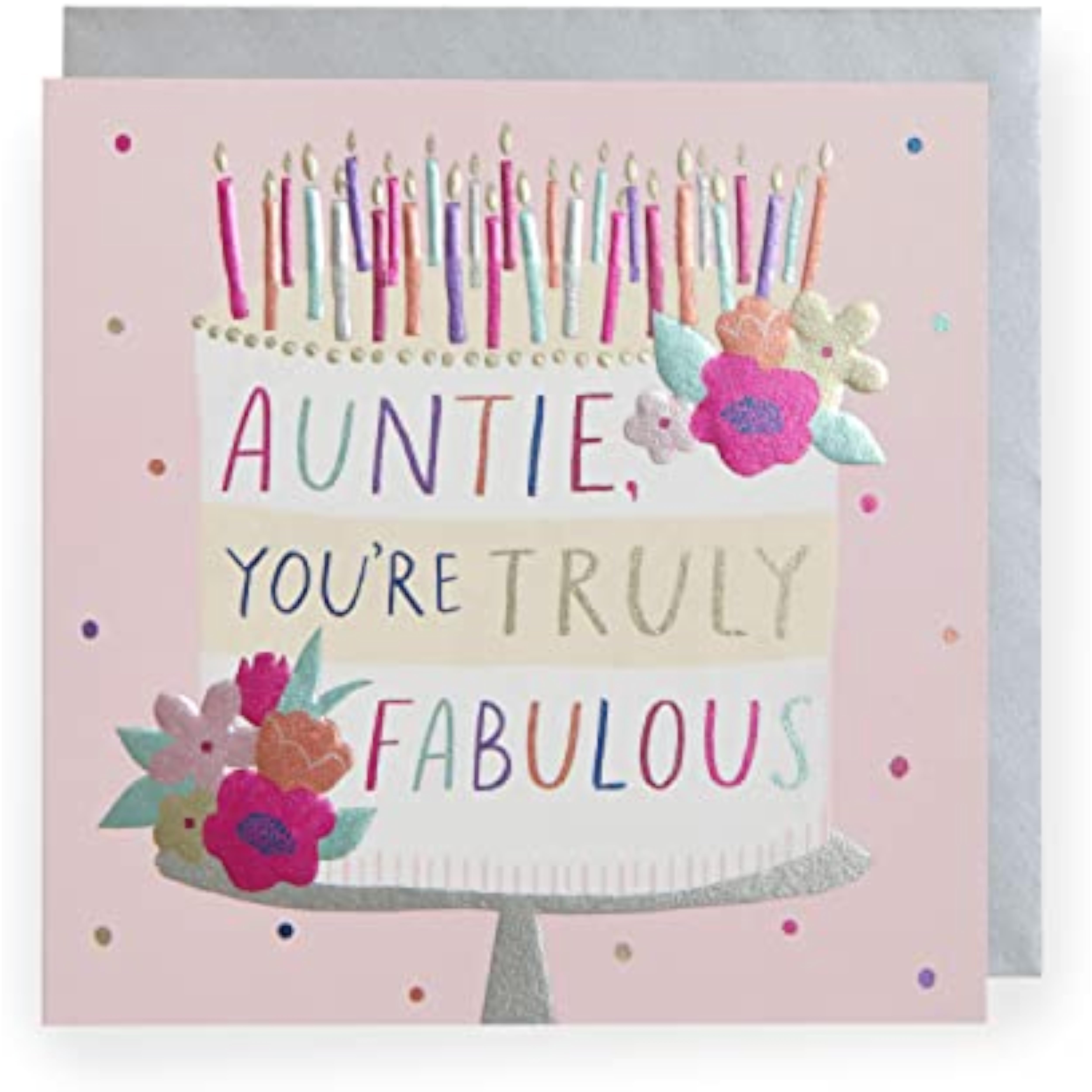 Fabulous Auntie birthday greeting card from UK Greetings featuring colorful floral design and cheerful message inside.