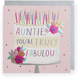 Fabulous Auntie birthday greeting card from UK Greetings featuring colorful floral design and cheerful message inside.