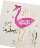 Fabulous Flamingo Sister Greeting Card by UK Greetings featuring a colorful flamingo illustration and heartfelt message inside.