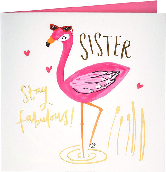 Fabulous Flamingo Sister greeting card by UK Greetings featuring colorful flamingo design for sisters.