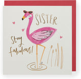 Fabulous Flamingo Sister greeting card from UK Greetings featuring a colorful flamingo design and heartfelt message inside.