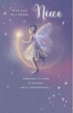 Fairy wand and stars design Christmas greeting card for niece, featuring whimsical fairy and star illustrations on UK Greetings card