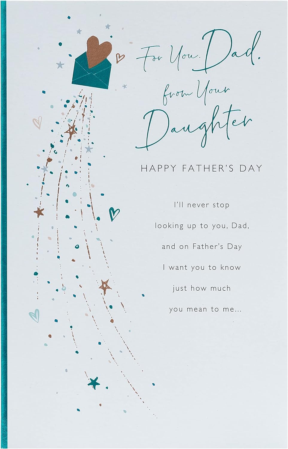 Father's Day greeting card for dad from daughter with heart envelope design, featuring colorful greeting card and matching envelope.