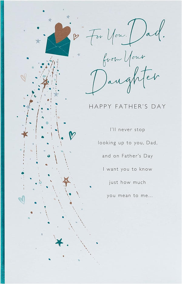 Father's Day greeting card for dad from daughter with heart envelope design, featuring colorful greeting card and matching envelope.