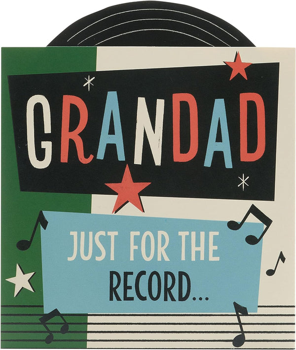 Father's Day greeting card for Grandad with record design and envelope, UK Greetings, featuring a music-themed illustration.