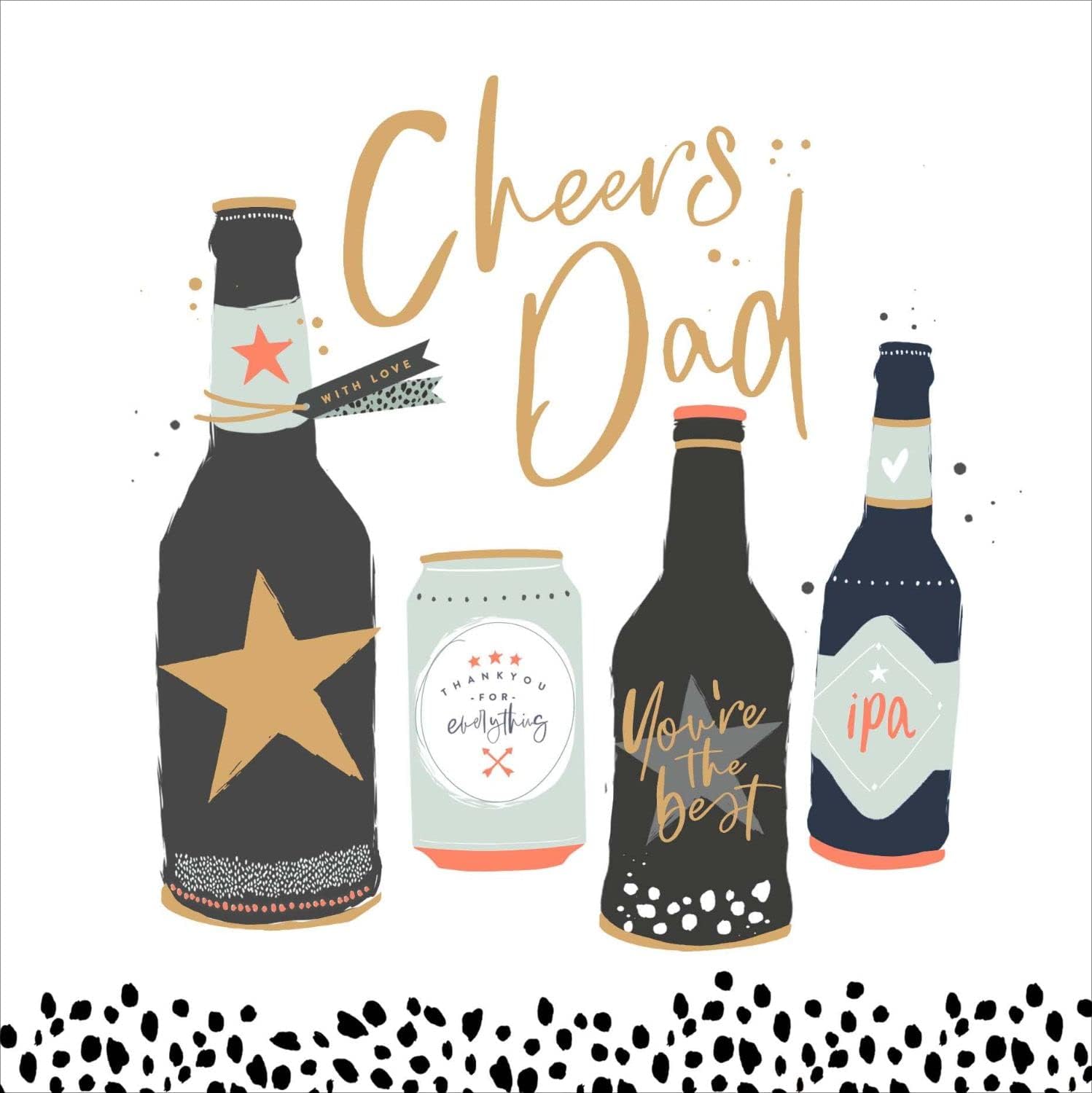 Father's Day greeting card featuring a beer bottle design from UK Greetings, celebrating Dad with a cheerful message.