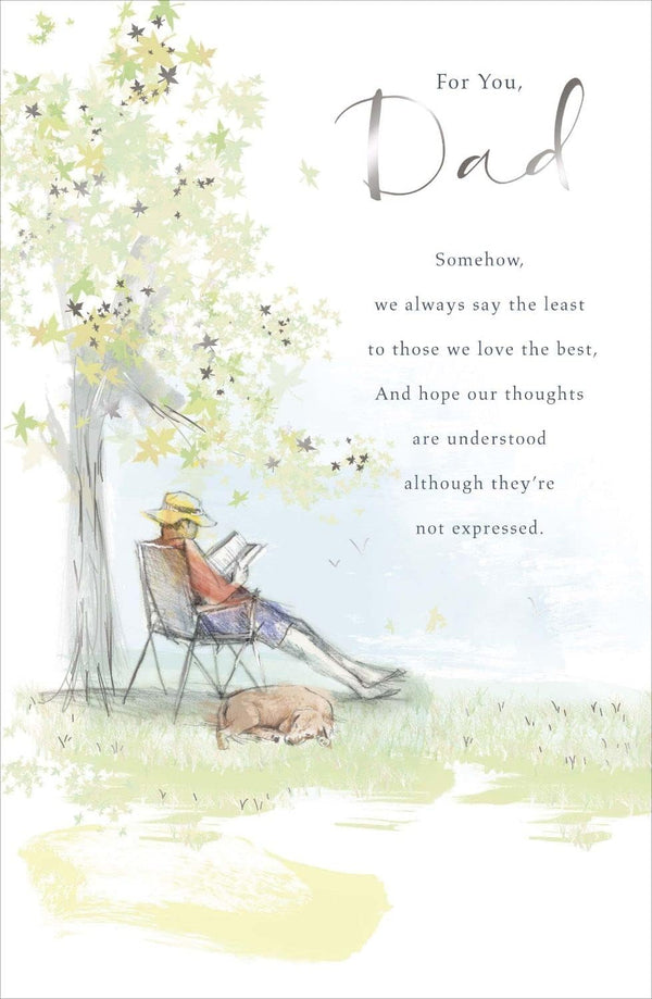 Father's Day greeting card from UK Greetings featuring a dad relaxing with a book and a heartfelt poem.