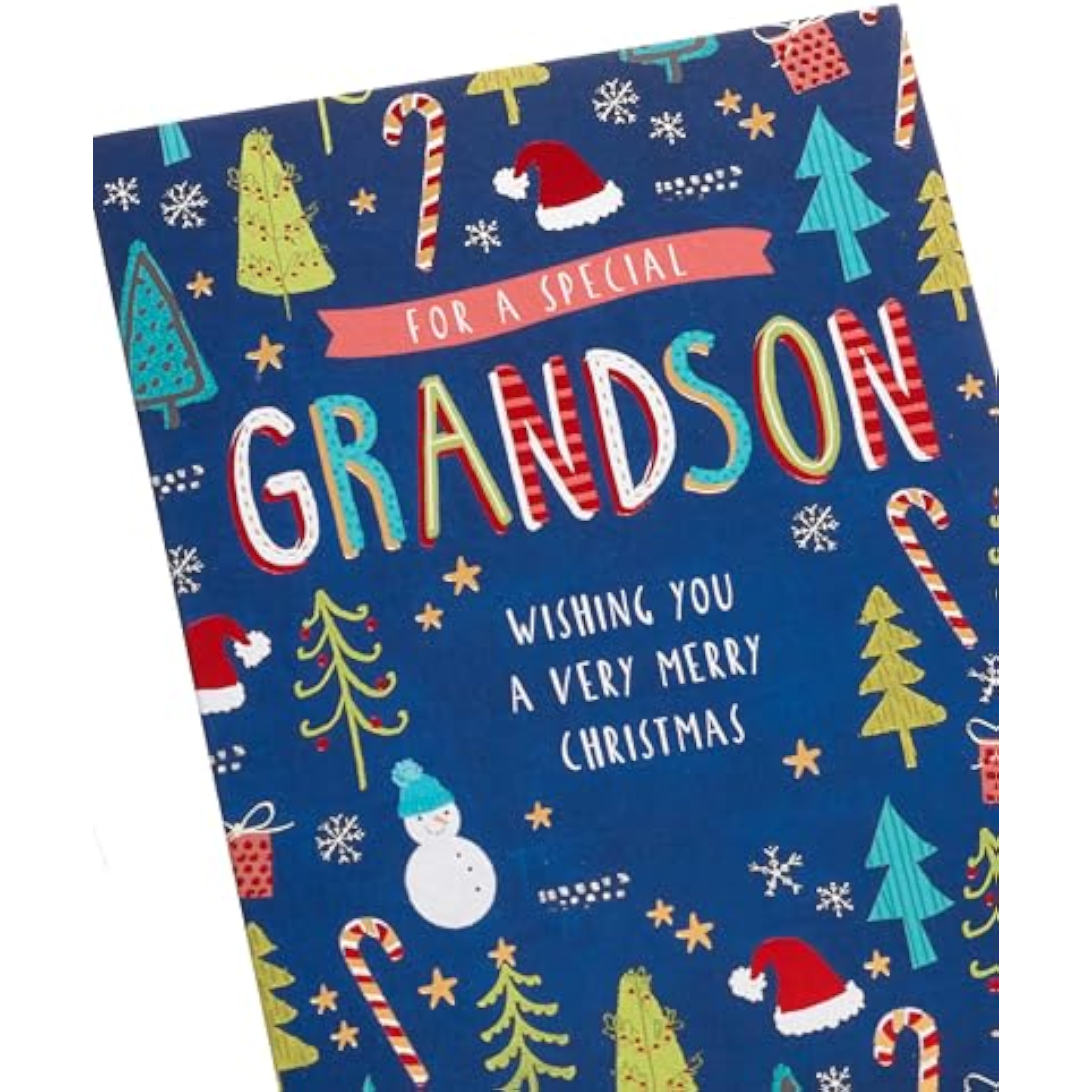 Festive foil accents Grandson Christmas greeting card by UK Greetings with colorful holiday design and cheerful message.