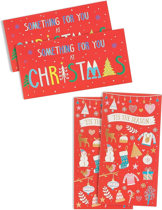 Set of four festive money wallets with bright Christmas designs, perfect for holiday greeting cards.