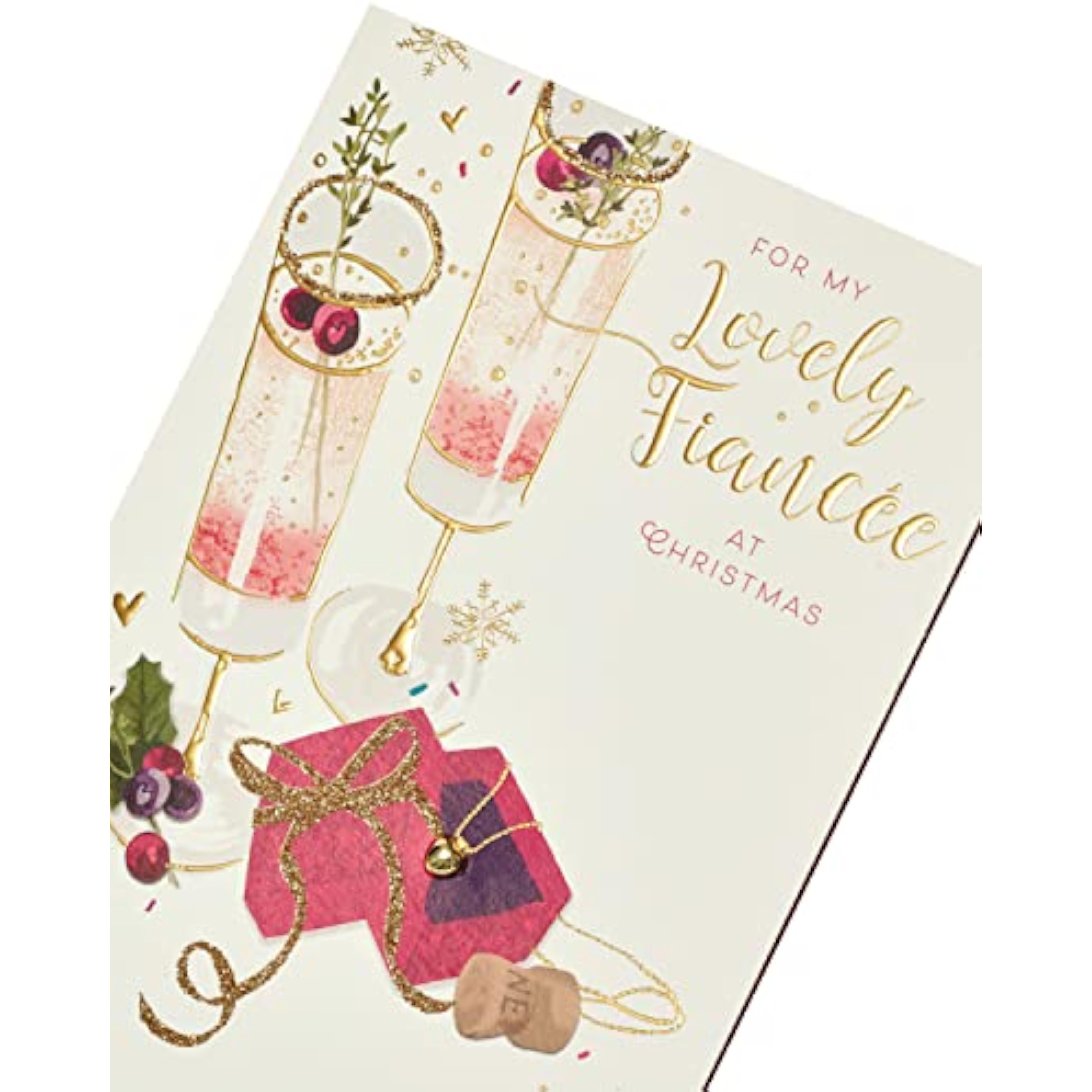 Elegant Fiancée Christmas greeting card with sentimental verse and stylish finish from UK Greetings, featuring festive holiday design.