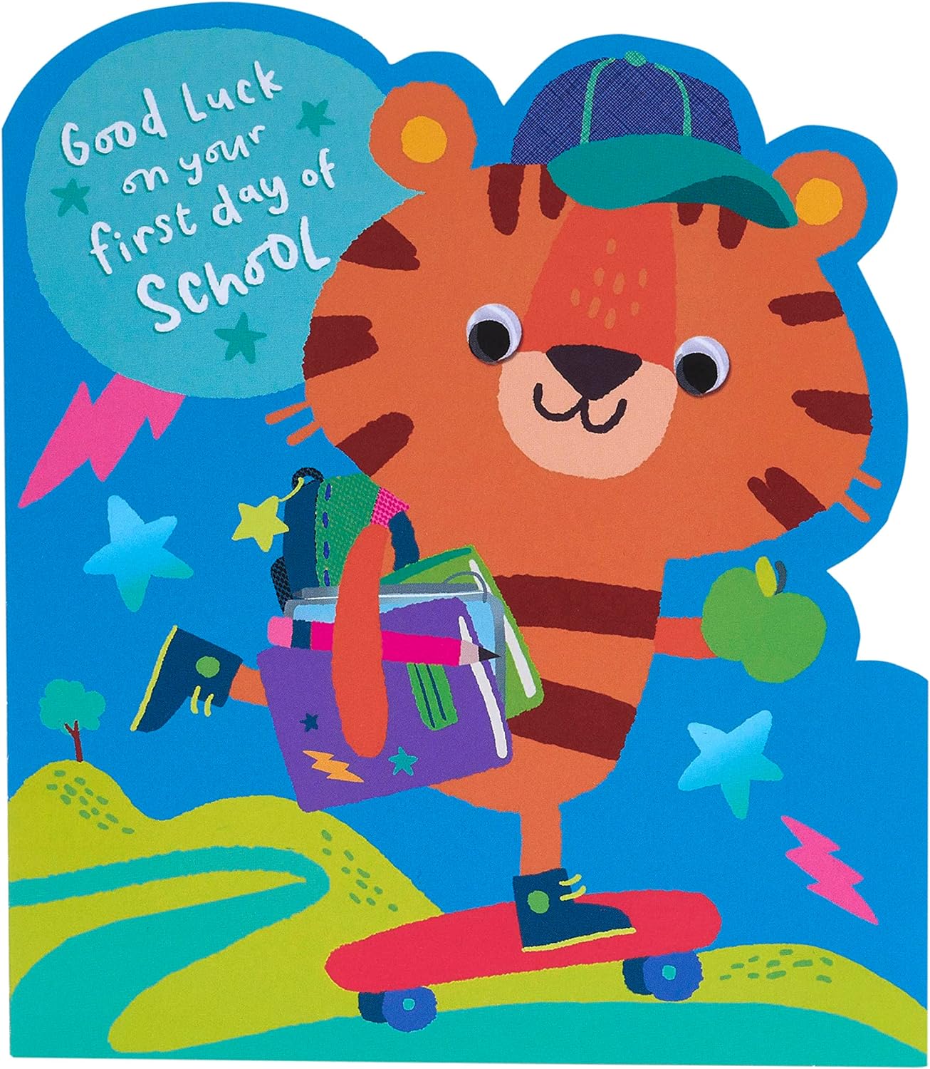Colorful greeting card featuring a playful tiger design for kids' first day at school, from UK Greetings.