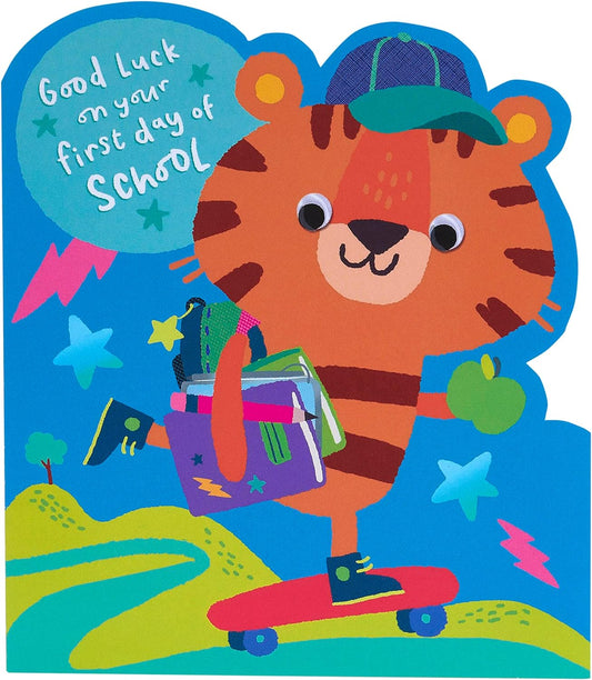 Colorful greeting card featuring a playful tiger design for kids' first day at school, from UK Greetings.