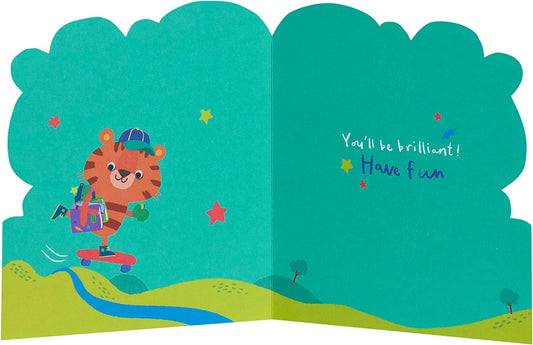 Colorful kids' greeting card featuring a playful tiger design for first day at school, by UK Greetings.