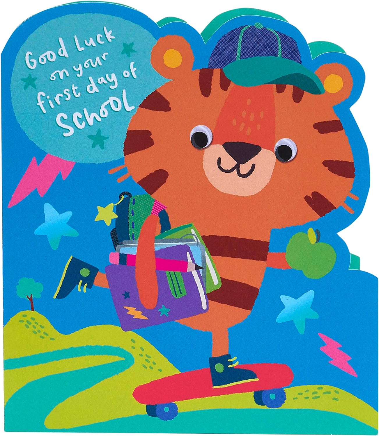 Colorful first day at school greeting card for kids featuring a fun tiger design by UK Greetings.