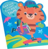 Colorful First Day at School greeting card for kids featuring a playful tiger design by UK Greetings.
