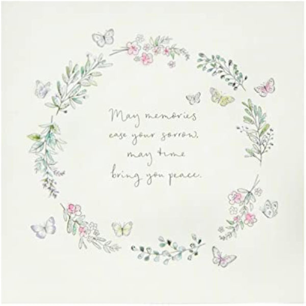Floral butterfly sympathy greeting card by UK Greetings featuring delicate flower and butterfly illustrations on a heartfelt design.