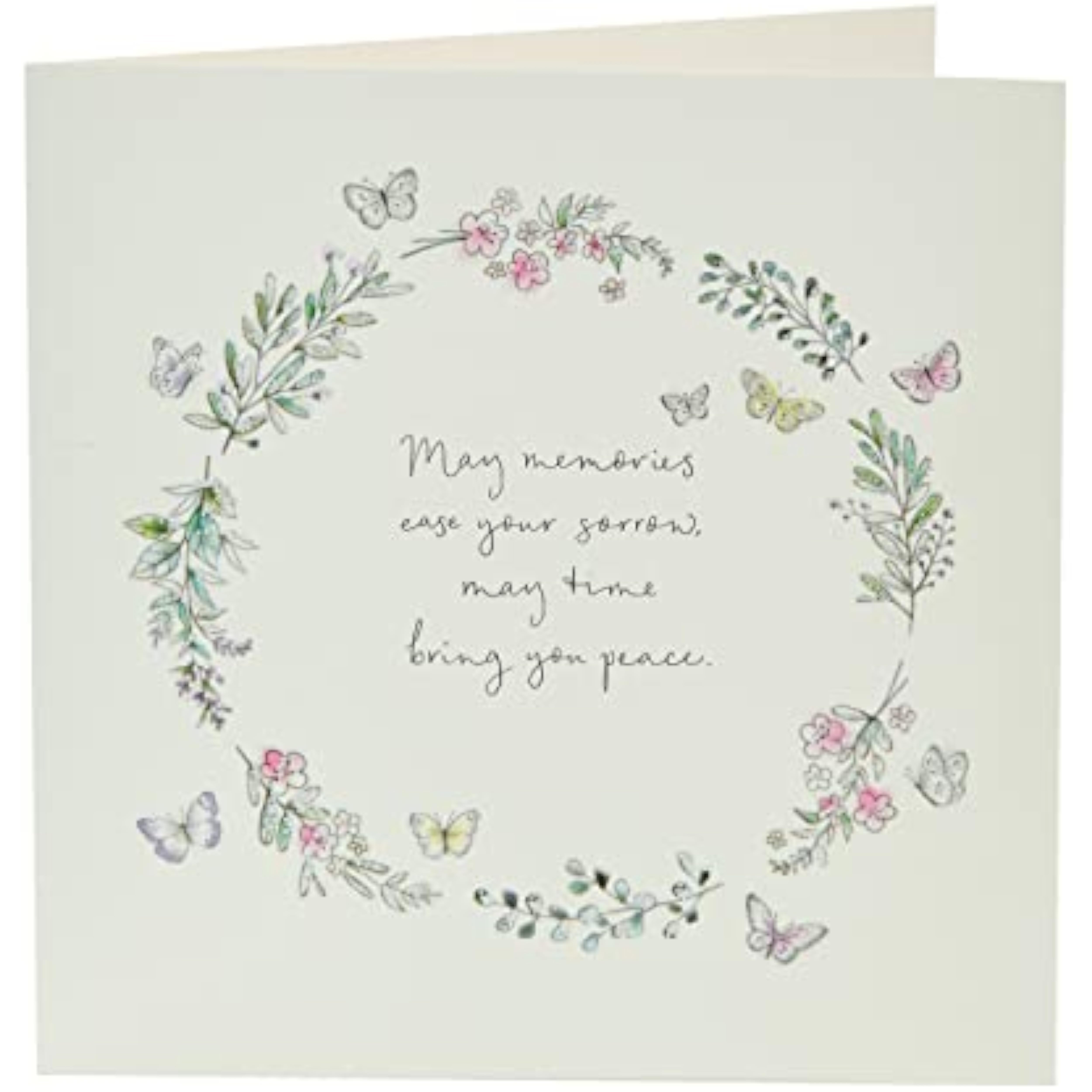 Floral butterfly sympathy greeting card from UK Greetings, featuring soft floral and butterfly illustrations on the front.