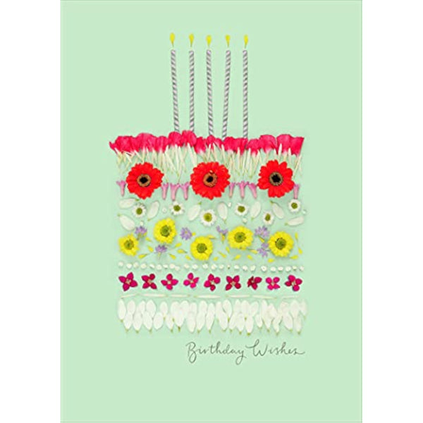 Floral cake design birthday wishes greeting card featuring meadow flowers, by UK Greetings, with colorful floral illustrations.