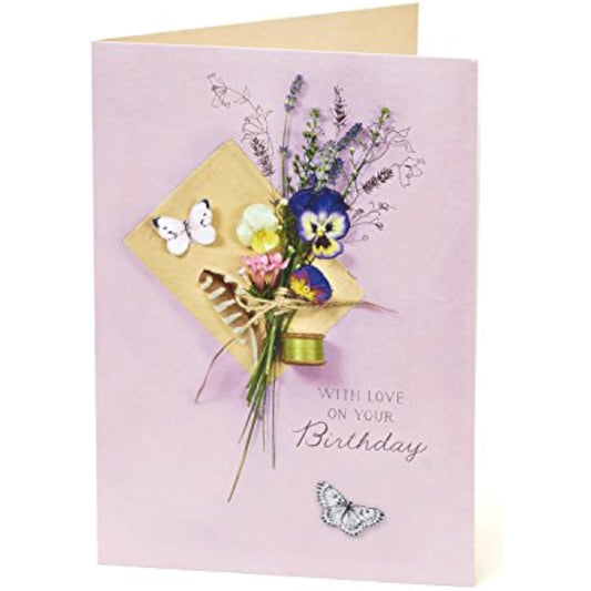 Floral embossed birthday greeting card with glitter accents by UK Greetings, featuring elegant floral designs and decorative lettering.