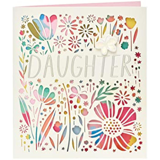 Colorful floral rainbow daughter birthday greeting card featuring bright floral illustrations on a cheerful card.