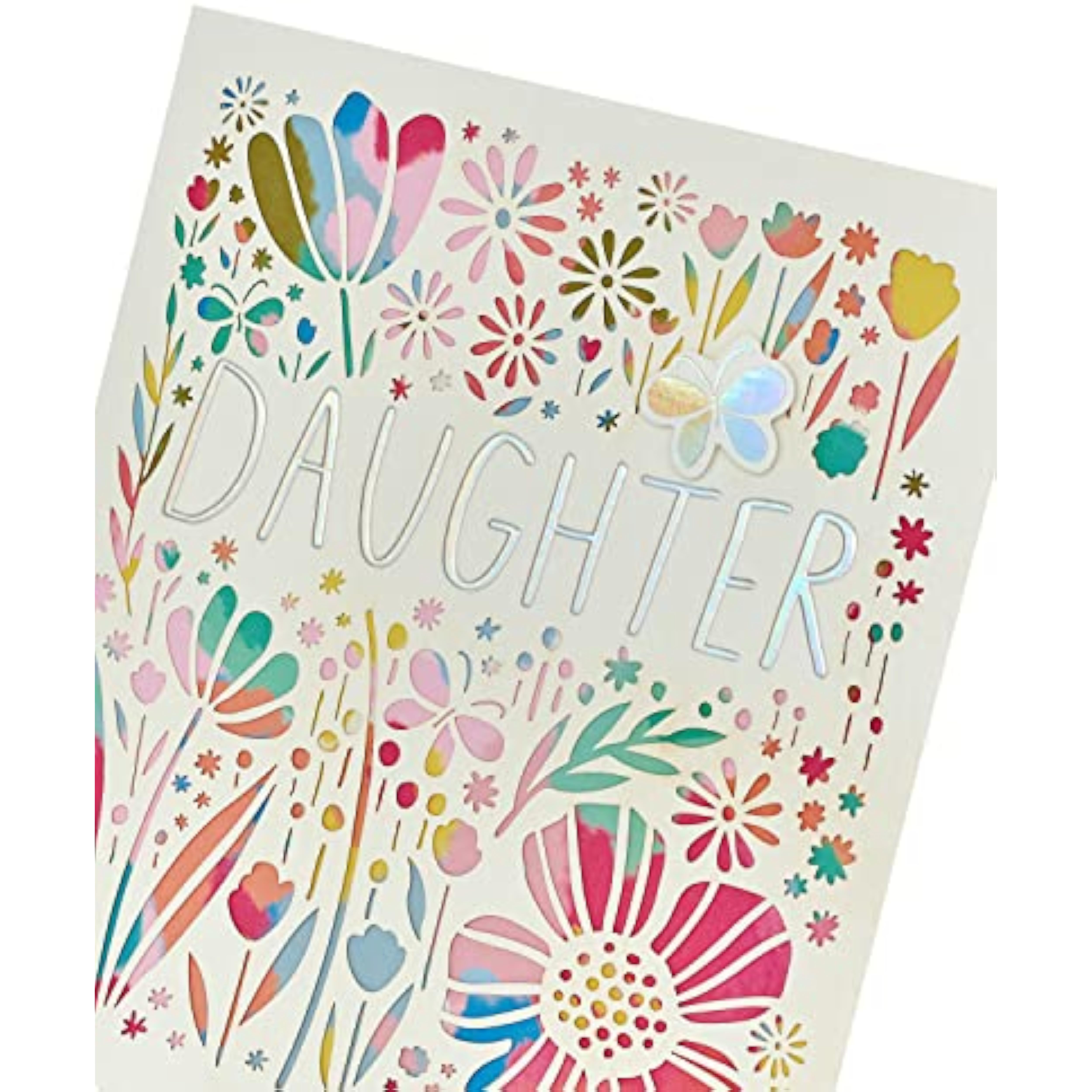 Colorful floral rainbow birthday greeting card for daughter by UK Greetings, featuring vibrant flower illustrations and cheerful design.