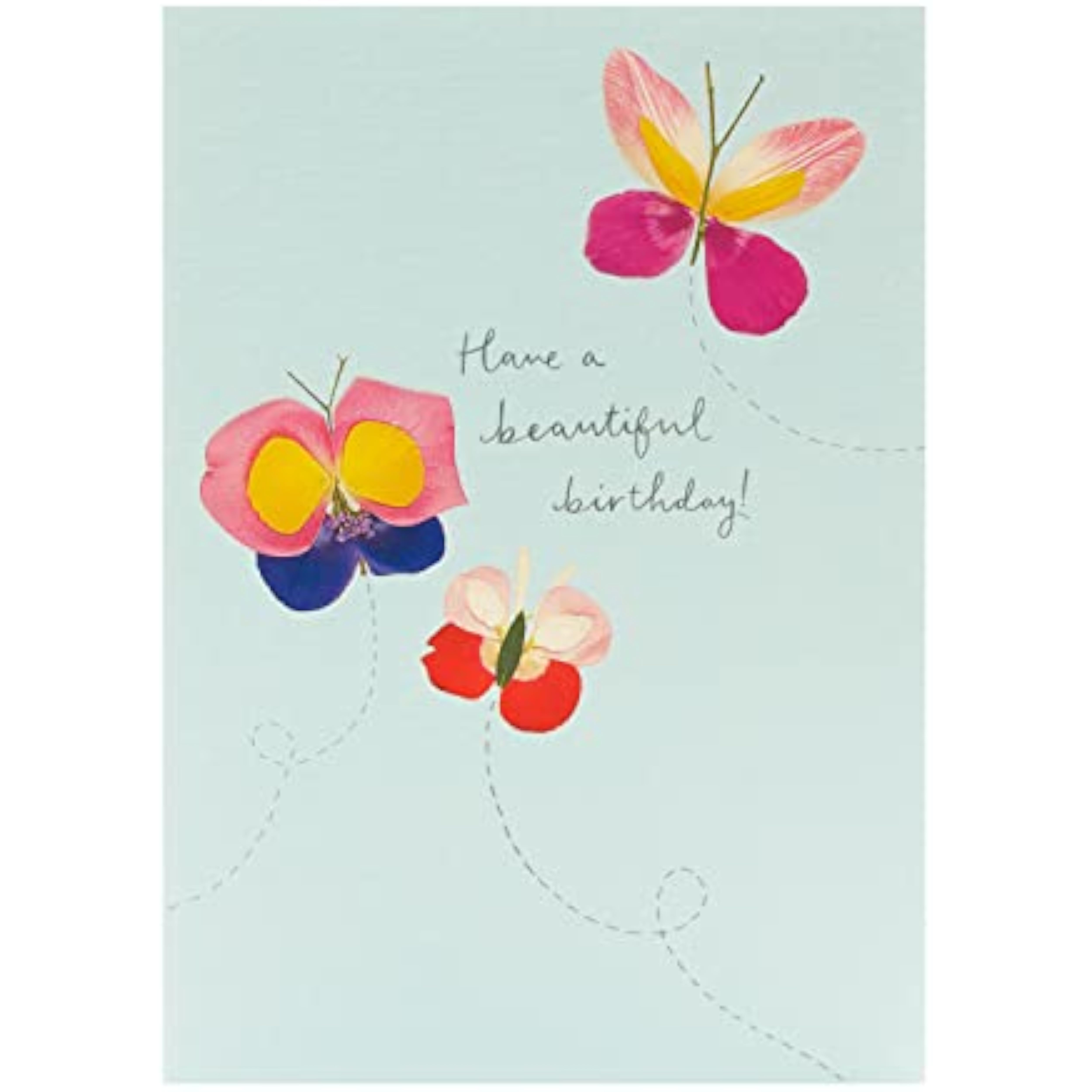Flower petal butterflies on a Meadow Range birthday greeting card by UK Greetings, featuring colorful floral and butterfly illustrations.