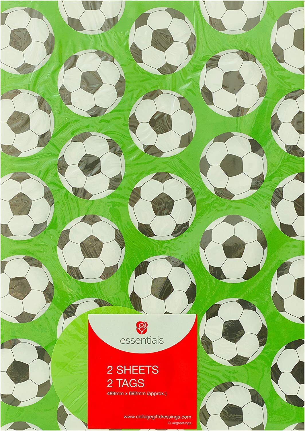 Football-themed greeting card wrapping paper pack with 2 tags, featuring five sheets of UK Greetings football design.